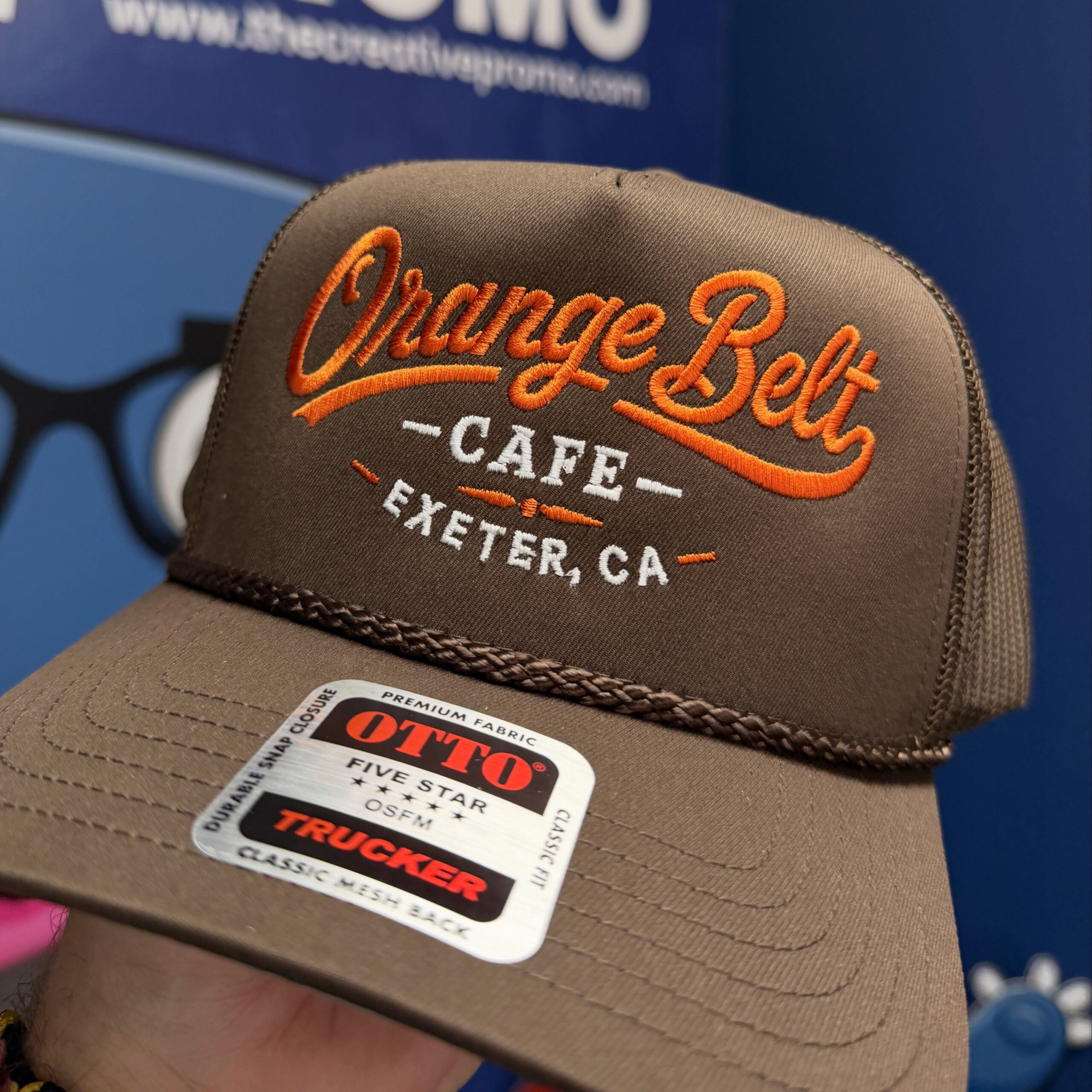 Close-up of a custom embroidered hat